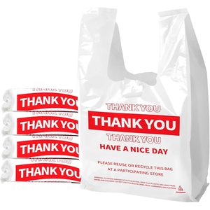 White Plastic Shopping <b>Bags</b> With Handles Large Size Thank You Print 100 Pack For Grocery Retail Use - Product Image 1