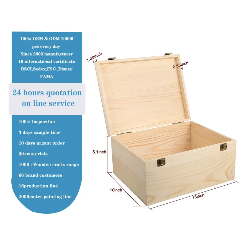 Extra Large Unfinished Wood Box -13 x 10 x 6.5 Inches Large Pine Wood Box with Hinged Lid and 2 Front Clasp for Crafts, Art
