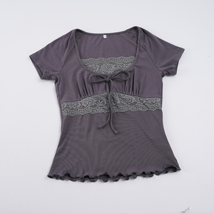 Women’s Y2K Vintage Lace <b>Patchwork</b> Lace-Up Baby Tee Cute Ruffle Short Sleeve Slim Fit Summer <b>Top</b> - Product Image 6