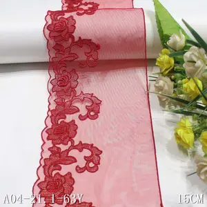 Red Romantic Embroidered Lace Trim Rose Floral Tulle Lace Wedding Evening Dress Sleeve Blouse Garment Accessory
