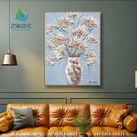 Belle peinture abstraite sur toile en techniques mixtes, avec pierre de jade naturelle et fleurs séchées, pour décoration murale