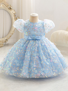 Vestido Elegante para Bebé Niña, Vestido de Tul Azul con Bordado Floral, Mangas Abullonadas y Lazo de Satén, Perfecto para Ocasiones Especiales - Product Image 2