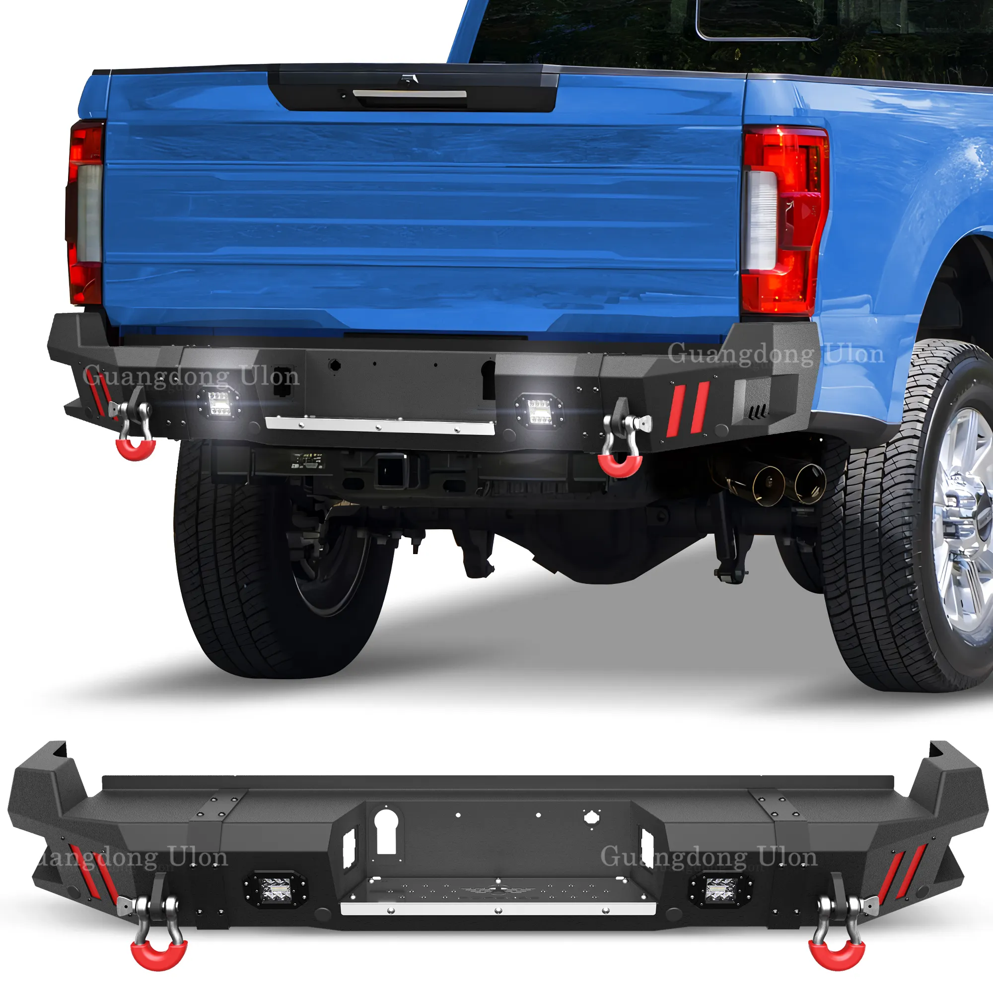 Rear Bumper w/D-rings, LED Lights, Stainless Steel Step Plate for Ford F250/F350/F450 2017-2022 (Excluding Raptor and Ecoboost)