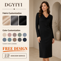 Robe fourreau élégante en maille de rayonne opaque 280 GSM, col drapé, douce et confortable, manches longues, longueur midi, pour femme, personnalisable avec logo OEM