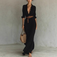 Robe longue décontractée vintage pour femme à manches longues, col boutonné, ceinture à la taille naturelle, froncée, coupe irrégulière, style automne, luxe discret