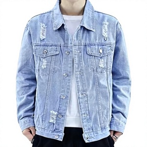 Men's Light Blue Denim Jacket Casual Button Front Distressed Ripped Solid Color Regular Fit Spring Washable 100% Cotton - Product Image 1