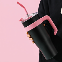 Nouvelle tasse isotherme en acier inoxydable noir et rose pour thé glacé, grande capacité avec poignée et paille, 40 oz, pour voiture