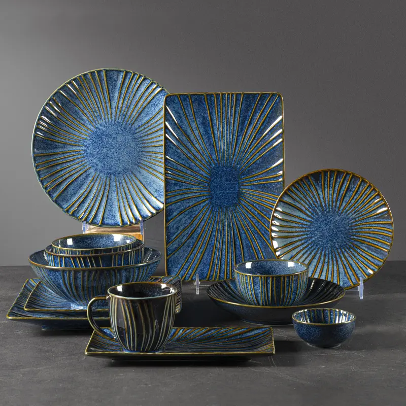 Посуда в японском стиле, глазурованная тарелка для обжига, полосатая тарелка для костей, керамическая посуда для любого случая