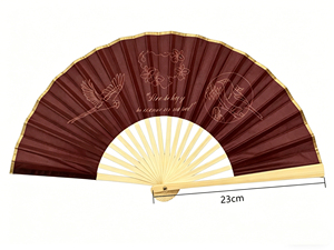 พัดกระดาษพับได้ขนาด 23 ซม. ราคาประหยัด ด้ามไม้ไผ่ พิมพ์ลายผ้าไหม พัดมือถือไม้ไผ่ ของชำร่วยงานแต่งงาน - Product Image 2