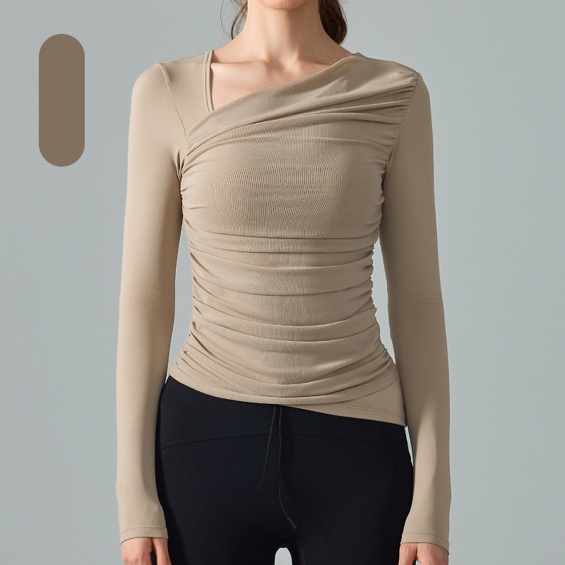 Different Design Four Colors Women's Front V Neck Sexy Asymmetrical Neck Long Sleeve Mesh Slim Fit Tight T-Shirt Yoga Top