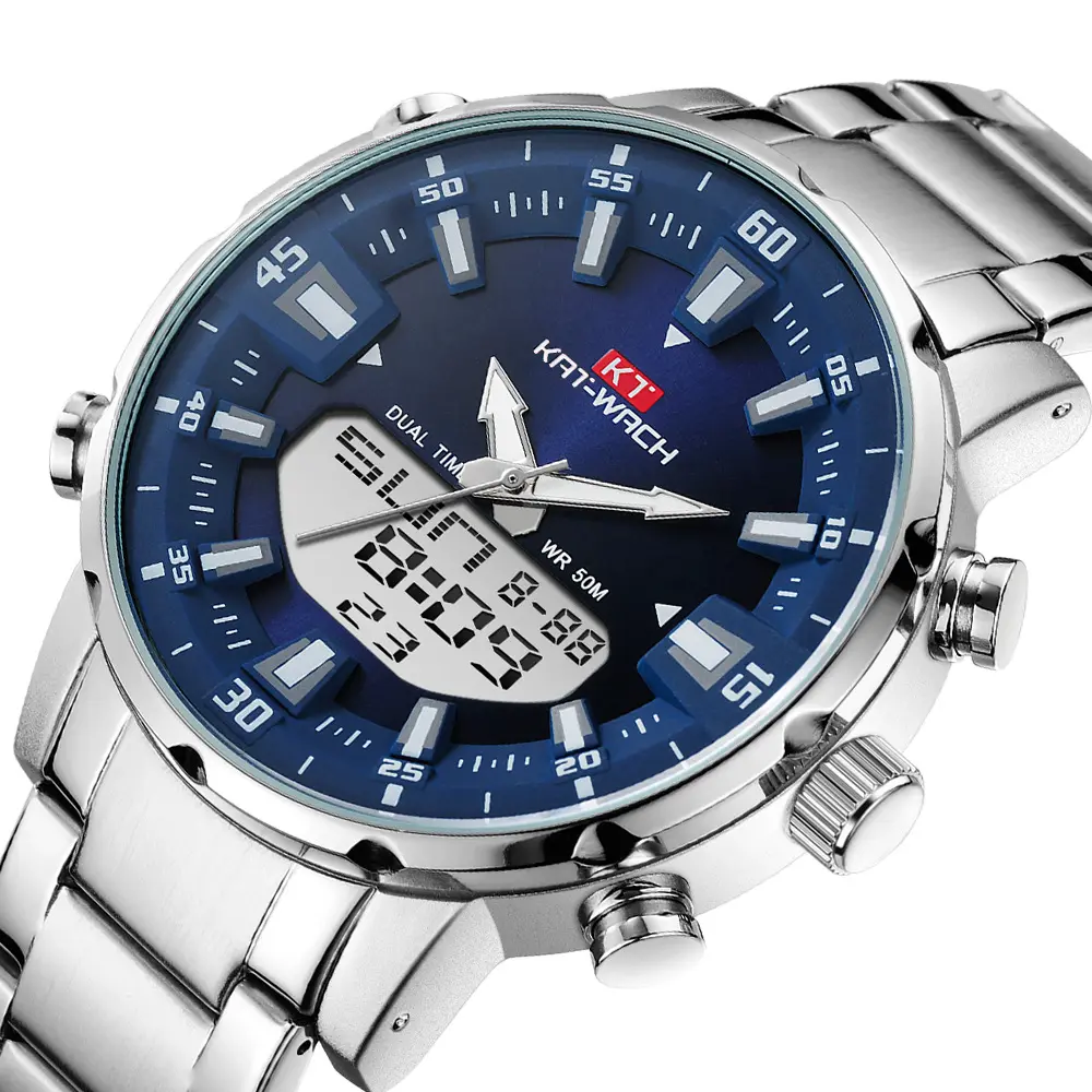 KT1815トップランキングメンズデジタル時計、デュアルディスプレイ付きトレンディな電子ステンレス鋼防水スポーツストップ腕時計