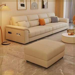 Cream Colored Leather <b>Sofa</b> Straight Shape Full Leather Storage Living Room <b>Sofa</b> - Product Image 1