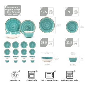 Organic Shape Highland 16pc Ceramic Stoneware Dinner Set Swirl Turquoise Popular Special Design Kitchen Household <strong>Dinnware</strong> Sets - Product Image 6