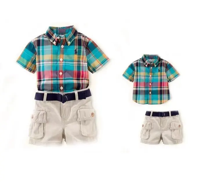 Kinderkleding/Jongen Kleding/Jongens Kleding Sets Baby Kids Katoen Blouse Top Shirt + Katoen Casual shorts + Riem 3in Sets