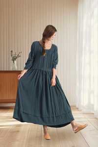 Vestido Maxi de Lino y Algodón Personalizado para Mujer, Mangas Largas, Diseño Plisado con Bolsillos y Botones, Primavera Verano, Tallas Grandes, Exportación B2B - Product Image 5