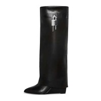 Bottes montantes pour femmes de luxe et de créateur, sexy, à talons compensés pliables, grande taille, style western, avec cadenas, pour l'été, l'automne et l'hiver