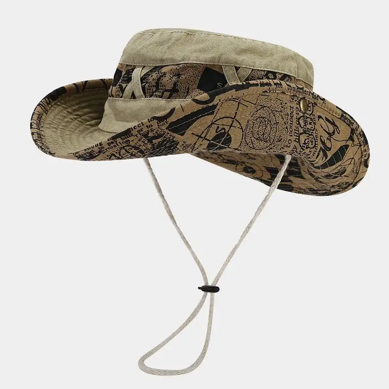 Chapéu de cowboy unissex de algodão lavado com estampa de papel de notícias chapéus de balde de pesca de sobrevivência personalizados