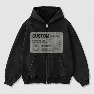 เสื้อฮู้ดซิป OEM แบบล้างทำความสะอาดแล้ว ดีไซน์สตรีทแวร์ ผ้าเฟรนช์เทอร์รี่ ทรงโอเวอร์ไซส์ บ็อกซี่ฟิต ลายกราฟิกแบบแพทช์เวิร์ค พรีเมียม พร้อมโลโก้สั่งทำพิเศษสำหรับผู้ชาย - Product Image 2