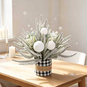 Mini sapin de Noël floqué UMIND avec boules blanches, baies et motif écossais, <span class=keywords><strong>pot</strong></span> de table d'hiver, décoration de maison de style campagnard - Product Image 1