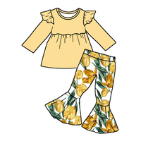 Ensemble de vêtements pour enfants en fibre de bambou imprimé sur mesure, chemisier à manches longues à col rond et pantalon évasé pour filles, tenue quotidienne pour enfants, 2 pièces