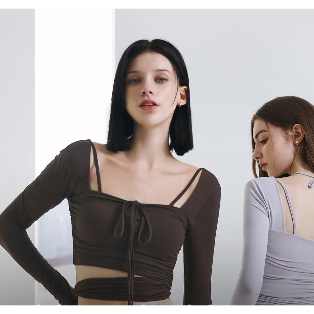 Custom New-Style Breathable Spandex/Cotton Pleated Waist-Cinching Yoga Wear Womens Running Casual Fitness Long-Sleeve Pilates
