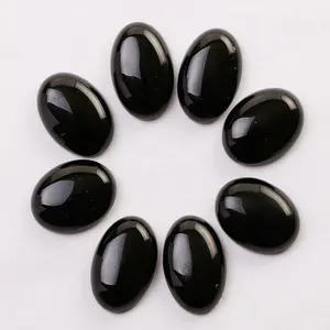 批发 18x 25 毫米天然黑色黑obsidian 石椭圆形平背石凸圆形首饰配件