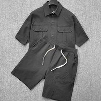 Conjunto de Shorts Casuales Unisex de Verano, Estilo Urbano, Camiseta Polo, Traje Deportivo de 2 Piezas, 100% Algodón Transpirable, Patrón 3D Liso Tipo Waffle