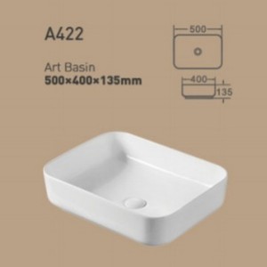 Lavabo Cuadrado de Cerámica A422, 500x400x135mm, Blanco, con un Solo Orificio - Product Image 1