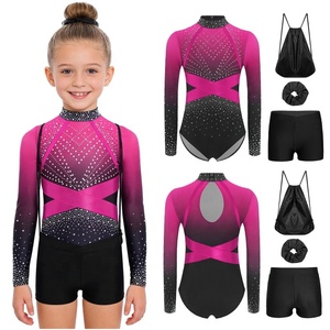 Ensemble justaucorps pour filles, motif ombré, manches longues, col montant, dos découpé, strass, pour entraînement de gymnastique, personnalisable - Product Image 2
