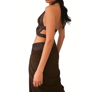 Ensemble de soirée 2 pièces marron pour femme : haut dos nu et jupe longue froncée à paillettes – Tendance - Product Image 2