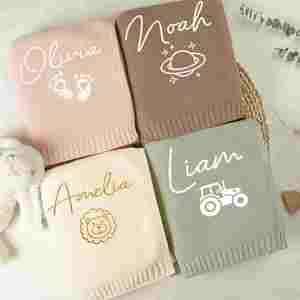 Personalized Name <b>Blanket</b> for New Mom, Embroidered Pattern Cotton Knit <b>Blanket</b>, <b>Newborn</b> Baptism Gift, Nursery Keepsake - Product Image 3