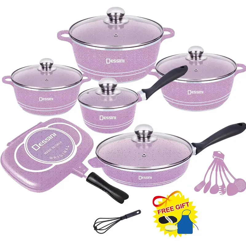 Amazon New Kitchen Cookware household pot set aluminum die-casting pot marble non-stick pot 23pcs