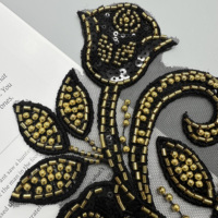 Applique florale noire ornée de perles dorées et de paillettes pour Abaya, robe de mariée, robe de soirée, costume
