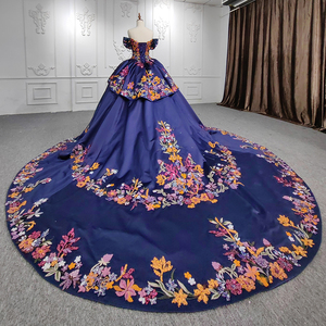 Robes de soirée parfaites, robe de bal en satin, robe de mariée à manches courtes et décolleté en cœur, fleurs 9960 - Product Image 3