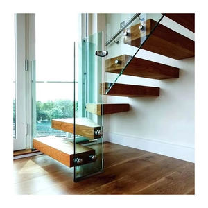 Escalera flotante en forma de I para renovaciones del hogar Escalera de madera Apartamento moderno personalizado Escaleras rectas con barandilla de vidrio - Product Image 4