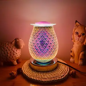 3D Feather style Electric Wax Melter Smokeless Essential Oil Burner Glass Led Touch Machine Aromatherapy Bedside Aroma Lamp