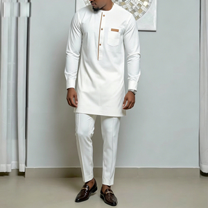 Ensemble Kaftan Blanc <span class=keywords><strong>Moderne</strong></span> pour Hommes Africains, 2 Pièces, Tunique à Manches Longues et Pantalon pour Usage Quotidien, Aïd, Ramadan et Événements Décontractés - Product Image 1