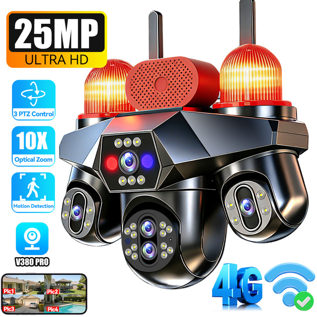 New Arrival 25MP WiFi Security Camera 5 Lens PTZ 10X Zoom AI Track Outdoor Waterproof Built-in Siren V380 Pro