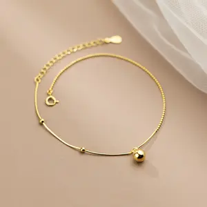 Fashion Round Bead Chain Charm Anklet Gold Plated 925 Sterling Silver Fine Jewelry Anklets For Women