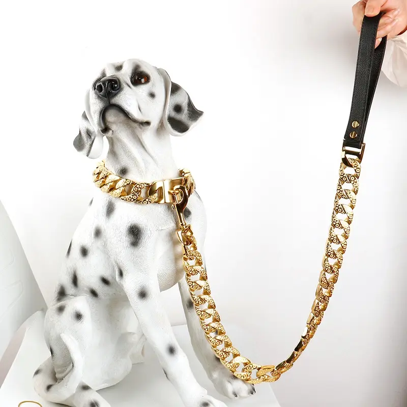 Gold Chain pet star Dog Collar hardware Heavy Duty Stainless Steel pet Cuban Link 32mm width dog collar and leash