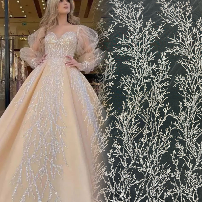 Free Samples new 2022 Luxury african french tulle lace elegant White handmade sequin beaded bridal voile lace fabric for dress