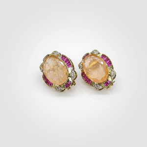 Boucles d'oreilles ovales 12252 avec pierres doubles, pierres précieuses colorées, clips d'oreilles en zircon cubique, bijoux floraux pour femmes, à porter en soirée - Product Image 1