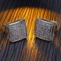 Boucles d'oreilles clous carrées en laiton doré et argenté, entièrement pavées de zircone micro-pavée, pour la mode hip-hop et les soirées