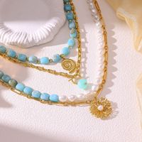 Collier superposé en perles baroques et pierres précieuses de jade bleu, pendentif floral vintage doré, bijoux de mode