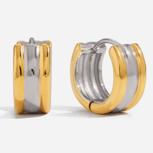 <b>Huggie</b> Earrings 18K Gold <b>Silver</b> Color Blocked Wide Three Layer Stainless Steel Everyday Wear Geometric Design - Product Image 1