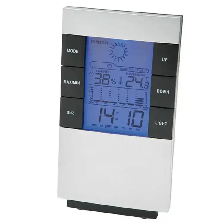 Termometer higrometer, jam dalam dan luar ruangan elektronik Digital LCD lampu latar temperatur kelembapan suhu stasiun cuaca