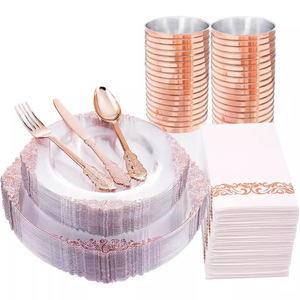 350-teiliges Einweg-Geschirrset aus Rosé<span class=keywords><strong>gold</strong></span> 50 Gäste 50 Spitzen-Plastik teller 50 Besteck becher Papiers ervietten für Party hochzeiten - Product Image 1