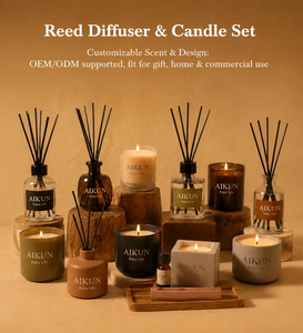 Aikun <b>Black</b> Glass Woody Fragrance Single Wick Scented Candle <b>Reed</b> <b>Diffuser</b> Set with Oud Cedar Gift Box Custom Label Direct OEM - Product Image 6