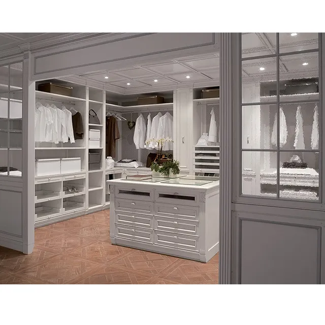 BFP เสื้อผ้าหรูหราที่กำหนดเองห้องนอนตู้เสื้อผ้าความคิดการออกแบบสีขาวเดินในตู้เสื้อผ้า