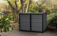 Abri de jardin extérieur compact en résine avec structure métallique résistante aux intempéries, double porte verrouillable et bac à déchets intégré